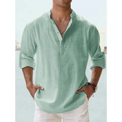 Men's Cotton-Linen Henley Long Sleeve Hawaiian Vacation Shirt-5