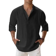 Men's Cotton-Linen Henley Long Sleeve Hawaiian Vacation Shirt-3