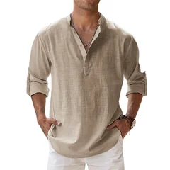 Men's Cotton-Linen Henley Long Sleeve Hawaiian Vacation Shirt-1