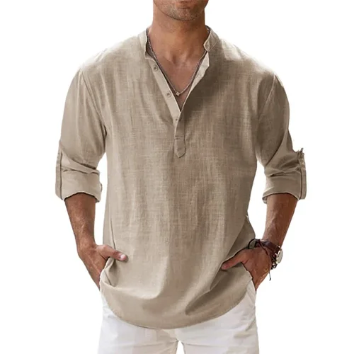 Men's Cotton-Linen Henley Long Sleeve Hawaiian Vacation Shirt