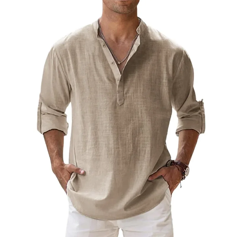 Chemise hawaïenne à col henley en lin-coton à manches longues pour homme