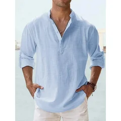 Men's Cotton-Linen Henley Long Sleeve Hawaiian Vacation Shirt-7