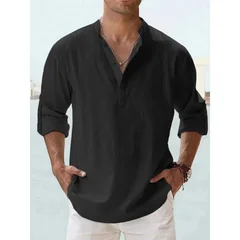 Men's Cotton-Linen Henley Long Sleeve Hawaiian Vacation Shirt-6