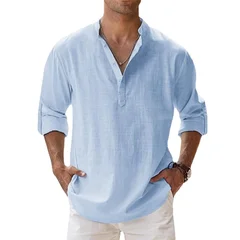 Men's Cotton-Linen Henley Long Sleeve Hawaiian Vacation Shirt-4