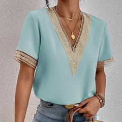 VEZFAA Women's Fashion Casual Spring & Summer Solid Print Lace Short Sleeve V-Neck Blouse-7