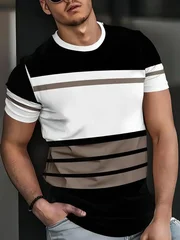 Men's Loose-Fit Summer T-Shirt with 3D Print Stripes, Crew Neck, Short Sleeve-3