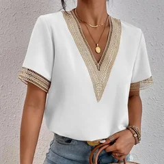 VEZFAA Women's Fashion Casual Spring & Summer Solid Print Lace Short Sleeve V-Neck Blouse-9