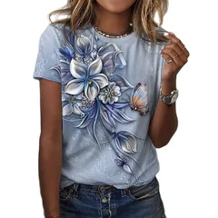 Women's Summer 3D Floral Print Short Sleeve T-Shirt Plus Size-6