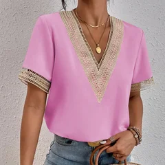 VEZFAA Women's Fashion Casual Spring & Summer Solid Print Lace Short Sleeve V-Neck Blouse-11