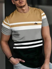 Men's Loose-Fit Summer T-Shirt with 3D Print Stripes, Crew Neck, Short Sleeve-10