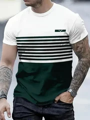 Men's Loose-Fit Summer T-Shirt with 3D Print Stripes, Crew Neck, Short Sleeve-12