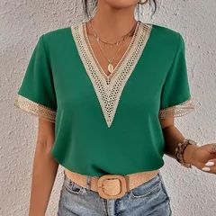 VEZFAA Women's Fashion Casual Spring & Summer Solid Print Lace Short Sleeve V-Neck Blouse-5