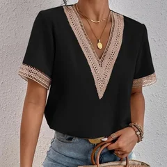 VEZFAA Women's Fashion Casual Spring & Summer Solid Print Lace Short Sleeve V-Neck Blouse-2