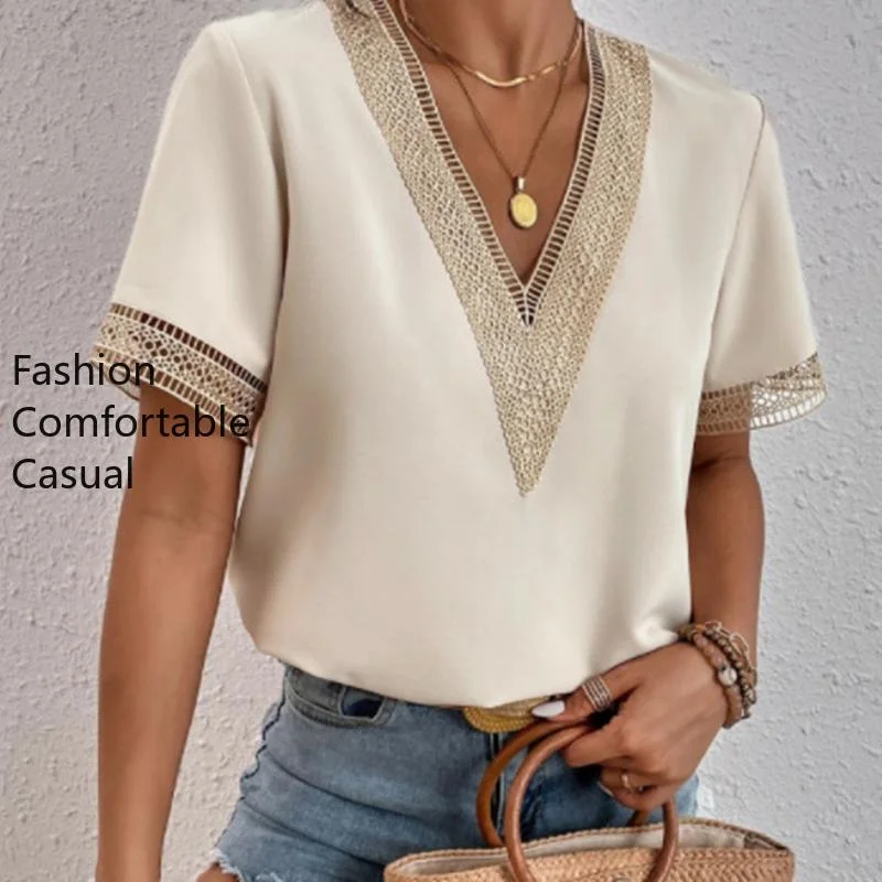 VEZFAA Women's Fashion Casual Spring & Summer Solid Print Lace Short Sleeve V-Neck Blouse — Product detail image 1