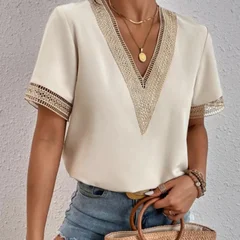 VEZFAA Women's Fashion Casual Spring & Summer Solid Print Lace Short Sleeve V-Neck Blouse-6