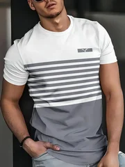 Men's Loose-Fit Summer T-Shirt with 3D Print Stripes, Crew Neck, Short Sleeve-11