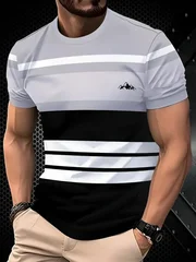 Men's Loose-Fit Summer T-Shirt with 3D Print Stripes, Crew Neck, Short Sleeve-4