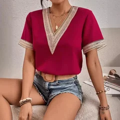 VEZFAA Women's Fashion Casual Spring & Summer Solid Print Lace Short Sleeve V-Neck Blouse-3