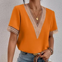 VEZFAA Women's Fashion Casual Spring & Summer Solid Print Lace Short Sleeve V-Neck Blouse-12