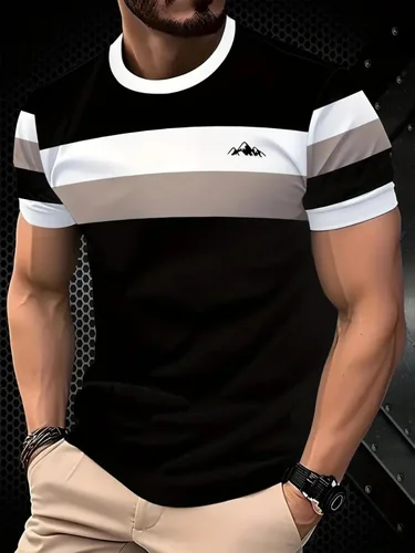 Men's Loose-Fit Summer T-Shirt with 3D Print Stripes, Crew Neck, Short Sleeve