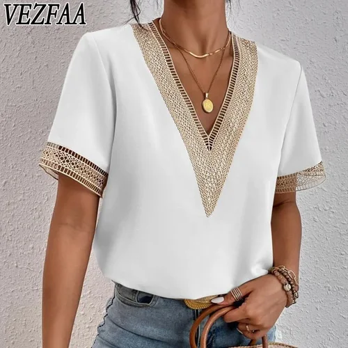 VEZFAA Women's Fashion Casual Spring & Summer Solid Print Lace Short Sleeve V-Neck Blouse