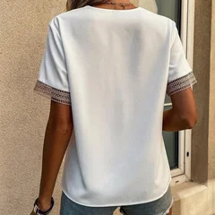 VEZFAA Women's Fashion Casual Spring & Summer Solid Print Lace Short Sleeve V-Neck Blouse-8