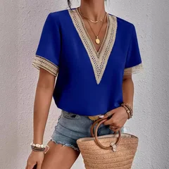 VEZFAA Women's Fashion Casual Spring & Summer Solid Print Lace Short Sleeve V-Neck Blouse-4