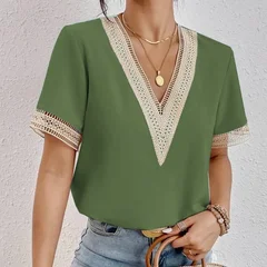 VEZFAA Women's Fashion Casual Spring & Summer Solid Print Lace Short Sleeve V-Neck Blouse-10