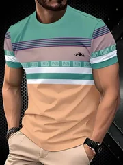 Men's Loose-Fit Summer T-Shirt with 3D Print Stripes, Crew Neck, Short Sleeve-2
