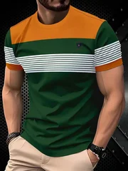 Men's Loose-Fit Summer T-Shirt with 3D Print Stripes, Crew Neck, Short Sleeve-7