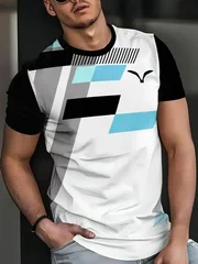 Men's Loose-Fit Summer T-Shirt with 3D Print Stripes, Crew Neck, Short Sleeve-14
