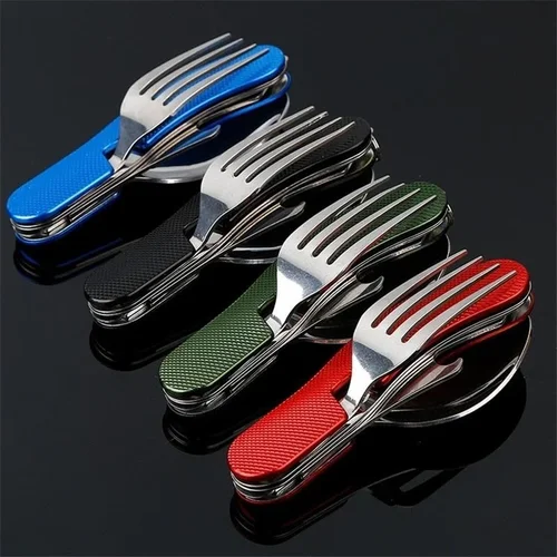 Multifunctional 4-in-1 Outdoor Camping Stainless Steel Folding Pocket Cutlery Set