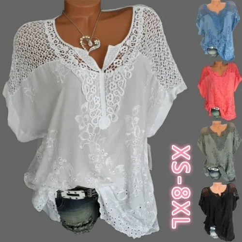 Women's Lace V-Neck Embroidered Batwing Blouse