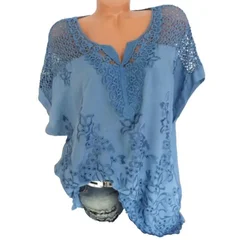 Women's Lace V-Neck Embroidered Batwing Blouse-5