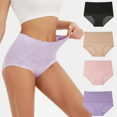 Plus Size Women's Lace High-Waist Briefs Solid Color Panties-1