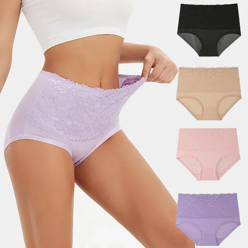 Plus Size Women's Lace High-Waist Briefs Solid Color Panties