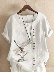 Women's Dragonfly Print Cotton-Linen T-Shirt, XS–5XL-1