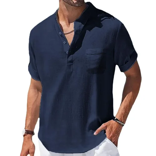 Men's Cotton-Linen Short-Sleeve Henley Shirt