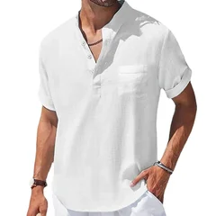 Men's Cotton-Linen Short-Sleeve Henley Shirt-4