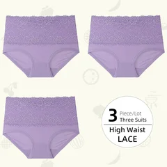 Plus Size Women's Lace High-Waist Briefs Solid Color Panties-17