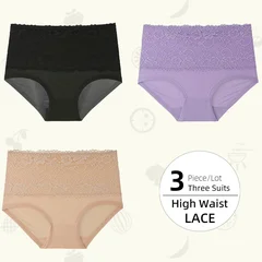 Plus Size Women's Lace High-Waist Briefs Solid Color Panties-18