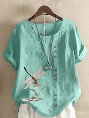 Women's Dragonfly Print Cotton-Linen T-Shirt, XS–5XL-3