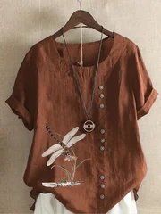 Women's Dragonfly Print Cotton-Linen T-Shirt, XS–5XL-6
