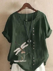 Women's Dragonfly Print Cotton-Linen T-Shirt, XS–5XL-5