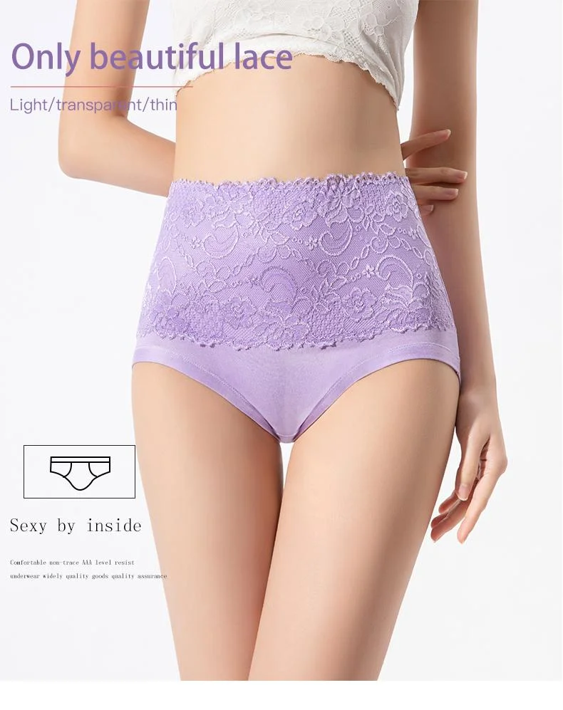 Plus Size Women's Lace High-Waist Briefs Solid Color Panties — Product detail image 1