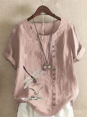 Women's Dragonfly Print Cotton-Linen T-Shirt, XS–5XL-2