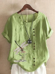 Women's Dragonfly Print Cotton-Linen T-Shirt, XS–5XL-8
