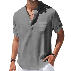 Men's Cotton-Linen Short-Sleeve Henley Shirt-2