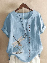 Women's Dragonfly Print Cotton-Linen T-Shirt, XS–5XL-7