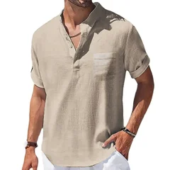 Men's Cotton-Linen Short-Sleeve Henley Shirt-5